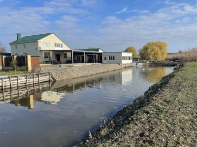 Укрепление склона габионами матрацного типа вдоль берега водоема.